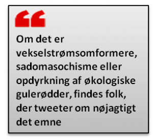 Om det er vekselstrømsomformere, sadomasochisme eller opdyrkning af økologiske gulerødder, findes folk, der tweeter om nøjagtigt det emne