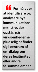 Formålet er at identificere og analysere nye kommunikationsmønstre, der opstår, når virksomhederne pludselig befinder sig i centrum af en  dialog om deres legitimitet eller andre følsomme emner.